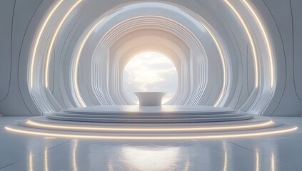 Obraz premium Modern Futuristic Interior with Soft Lighting and Smooth Curves, Featuring an Elegant Podium in a Brightly Lit Space, Ideal for Abstract and Inspirational Use