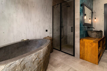 Modern bathroom interior in minimal scandinavian style, 3d render
