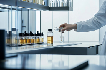 Perfumer testing fragrances in a sleek, modern laboratory. Generative AI