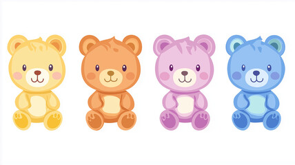 Cute baby plush teddy bears in yellow, orange, pink, and blue colors, perfect for children toys or nursery decor. These adorable characters bring joy and warmth to any space