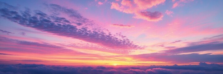 Fototapeta premium Panoramic photo, view of a pink and purple sky at sunset. Sky panorama background, header and web banner