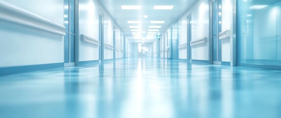 Obraz premium Modern hospital corridor with bright lighting and clean, polished floors, showcasing a serene and spacious environment ideal for healthcare settings and patient care.