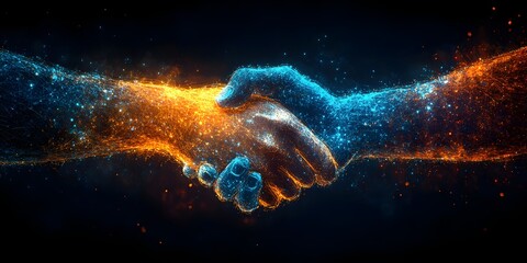 Abstract handshake icon glowing brightly, symbolizing partnerships and trust.