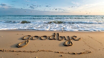 goodbye, written in the sand at the beach