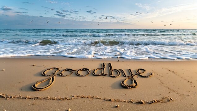 goodbye, written in the sand at the beach