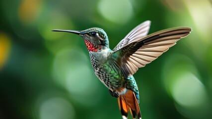 Fototapeta premium Colorful hummingbird in flight, showcasing vibrant feathers against blurred green background, symbolizing beauty and nature