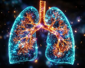Lungs Enveloped in Vibrant Neon Fibers Illustrating Pulmonary Fibrosis