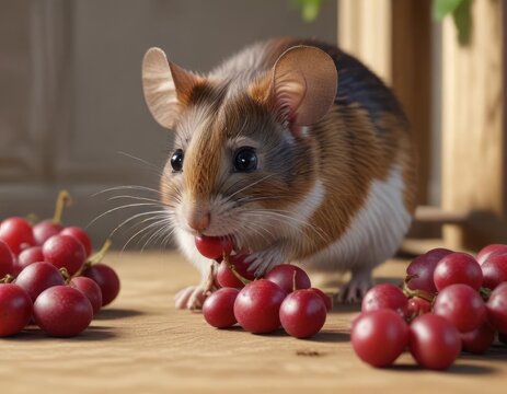 A curious doormouse sniffing at a bunch of red, plump grapes , doormouse, grapes, curiosity