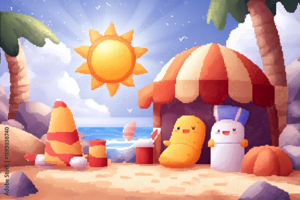 Poster a charming pixel art depiction of a uv sun glowing brightly over a small pixelated beach scene, with