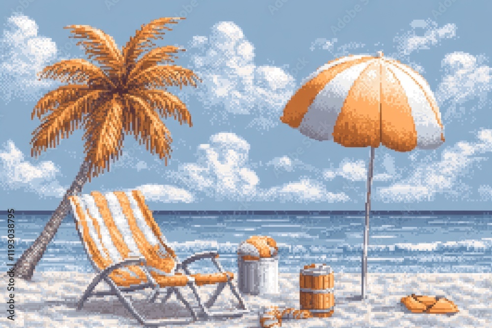 Poster a charming pixel art depiction of a uv sun glowing brightly over a small pixelated beach scene, with