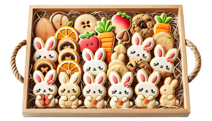 A tray of assorted organic cookies with bunny shapes, isolated on the white background.
