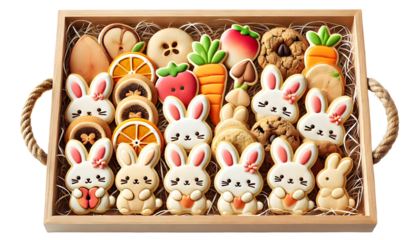 A tray of assorted organic cookies with bunny shapes, isolated on the white background.