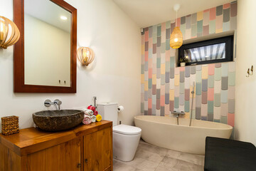 Modern bathroom interior in minimal scandinavian style, 3d render