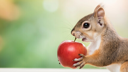 close up of squirrel holding shiny red apple, showcasing its playful nature and curiosity. vibrant background adds cheerful atmosphere to scene