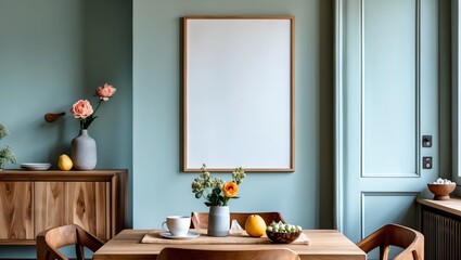 Stylish scandinavian dining room interior with mock up poster frame, wooden table, furniture, cup of coffee, flowers , cement fruits and elegant accessories.