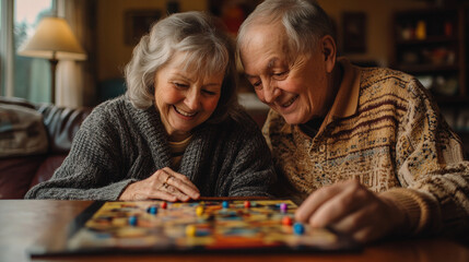 Fototapeta premium Enjoy cozy board game night with senior couple, smiling and engaged in fun activity together. Their warm expressions reflect joy and companionship