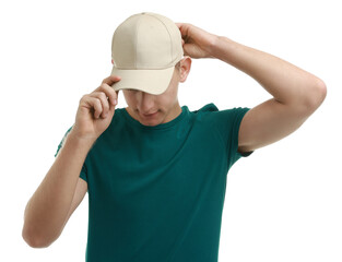 Man in stylish baseball cap on white background. Mockup for design