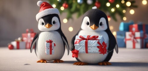 Obraz premium A cute penguin holding a small Christmas gift, frosty landscape, icy background, holiday present