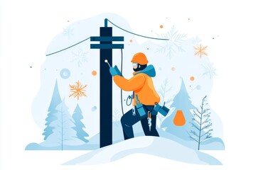 A cheerful 2D cartoon of a worker climbing a utility pole, surrounded by animated tools and safety gear on a white canvas