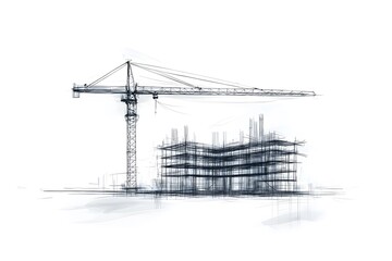 Red line drawing of a construction crane and building scaffolding, architectural sketch style