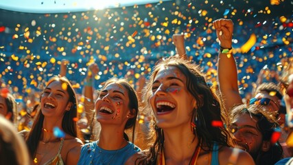 Vibrant crowd celebrating at an outdoor event, filled with joy, colors, and excitement