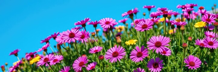 Fototapeta premium A lush patch of cornflowers in full bloom against a bright blue sky on a warm summer day, cornflower field, open fields, green grass