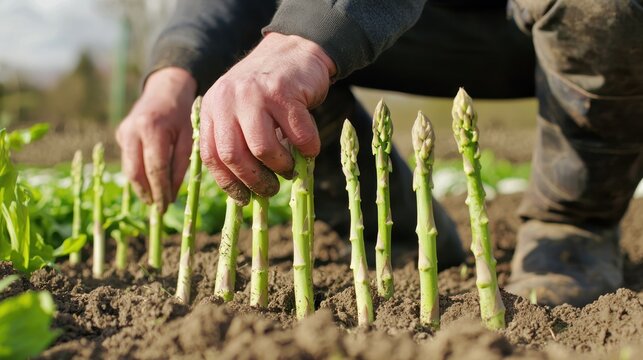 A farmer planting young asparagus plants in rows on an organic farm.