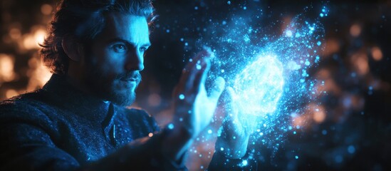 Fototapeta premium Mysterious Sorcerer Manipulating Enchanted Light with Outstretched Hands in a Dark Fantasy Realm Full of Magical Particles and Starry Effects