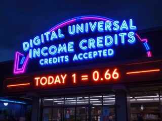 Naklejka premium Digital universal income credits accepted at store with neon sign illuminating night scene
