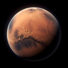 Red planet Mars in space: image of Mars surface with craters and rock formations, space exploration and planetary science