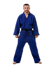 Naklejka premium Karate fighter in uniform on white background