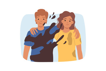 Dirty couple of happy man and woman, for metaphor for toxic relationships and presence of codependency in love union. Dirty couple smile, not paying attention to stains on clothes or splashes