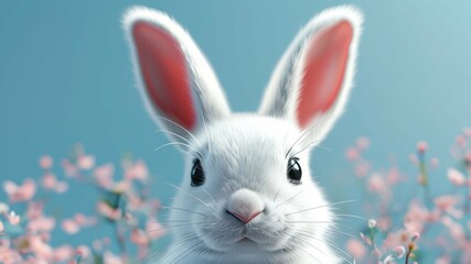 Fototapeta premium Portrait of a cute white rabbit surrounded by blooming flowers, evoking feelings of spring and joy