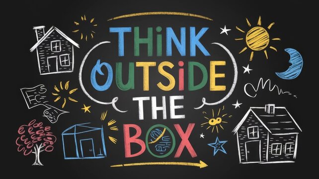 Blackboard Art with the Message "Think Outside the Box" - Powered by Adobe
