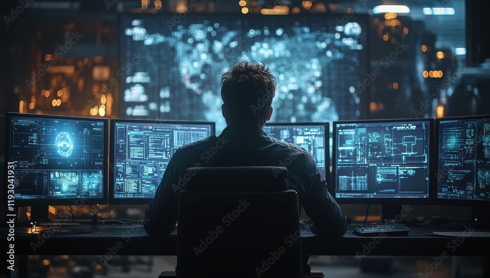 Aufkleber person with back view working on multiple screens in a high-tech environment displaying data analysi