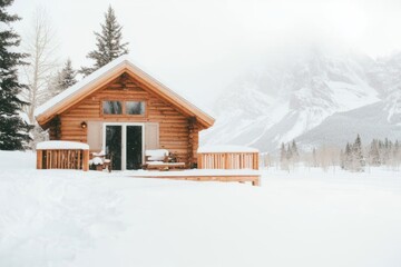 A cozy mountain cabin nestled in the Utah wilderness, surrounded by towering pine trees and snowy peaks