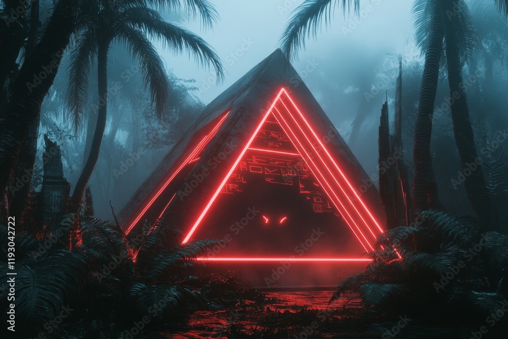 Poster A cyberpunk-inspired depiction of the Uxmal pyramid with neon Aztec patterns glowing under a futuristic jungle night, surrounded by holographic projections