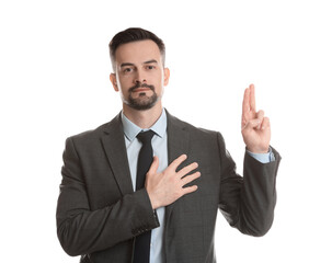 Man showing oath gesture on white background. Making promise