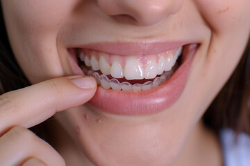 Fototapeta premium A woman is smiling and holding a clear plastic retainer in her mouth. The retainer is white and he is a clear plastic tray.