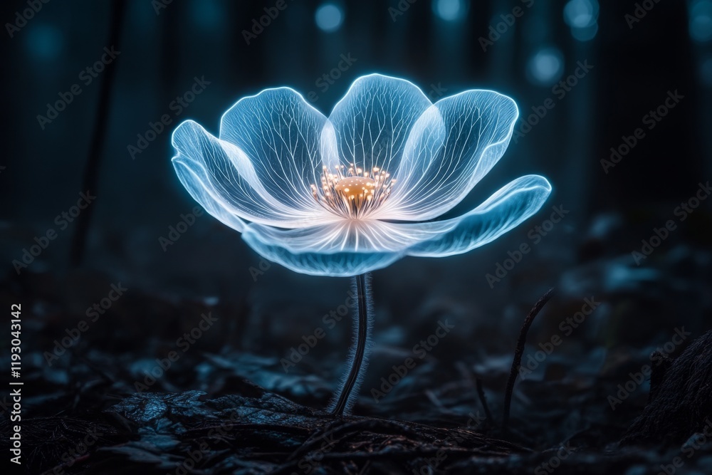 Poster a dark and moody illustration of a single glowing flower under uv light in a shadowy forest clearing