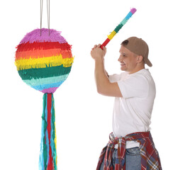Happy man breaking pinata on white background