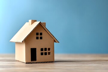Miniature cardboard house model on wooden surface with blue background, real estate and eco-friendly