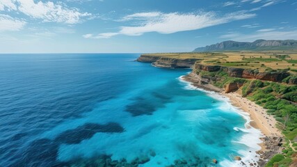 Fototapeta premium Stunning coastal landscape with turquoise waters lapping against cliffs under a bright sky, ideal for travel and relaxation