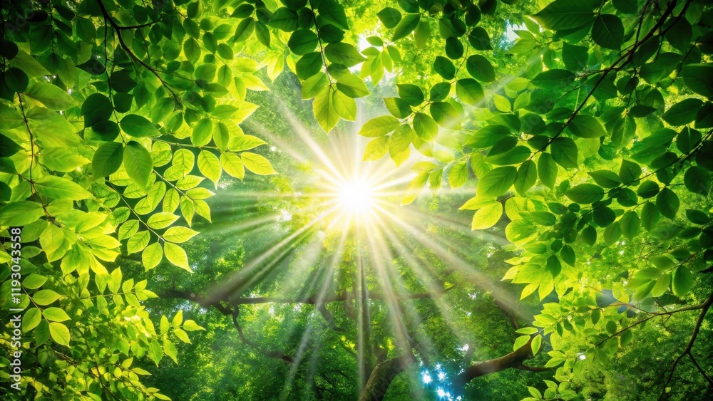 Poster sunbeams filtering through vibrant green foliage, creating a radiant and serene forest scene
