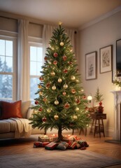 A fir tree in a living room with ornaments and lights, Indoor Trees, Seasonal Ambiance, Christmas Decorations