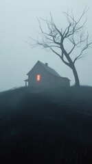 Fototapeta premium A house with a red roof and a window lit up in the dark