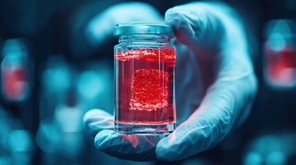 Scientist holding a vial of red liquid in a laboratory setting during experimental research