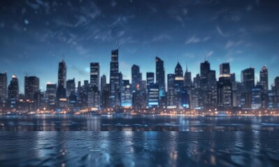 Fototapeta premium A futuristic abstract blue background with bokeh featuring a cityscape at dusk, futuristic, trendy
