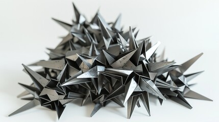 A cluster of sharp, angular shapes pointing in multiple directions on a white backdrop.