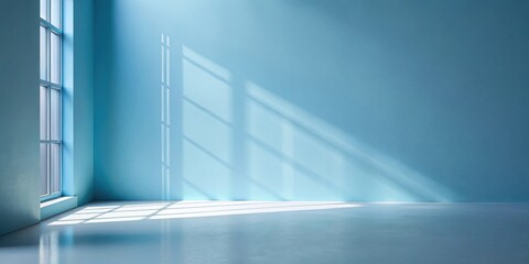 Fototapeta premium Empty room interior with light blue walls and bright sunlight streaming through a window casting shadows on the wall and floor